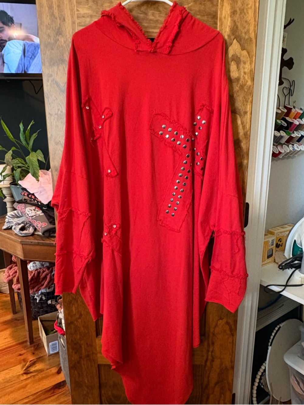 Red Studded Hooded Maxi Tunic